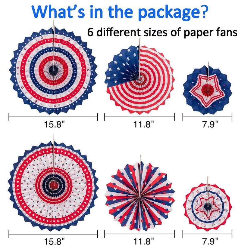 jollylife 29PCS 4th/Fourth of July Patriotic Decorations Set - Red White Blue Paper Fans,USA Flag Pennant,Star Streamer,Pom Poms,Hanging Swirls Party Decor Supplies - Image 3